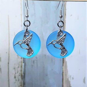 Pacific Blue Sea Glass Hummingbird Earrings